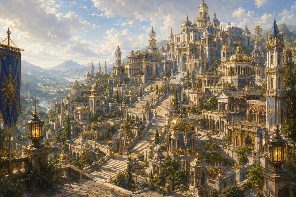 A Concord hill-city of pale stone and gold domes rising in ceremonial terraces, hung with blue-and-gold banners above a green valley.