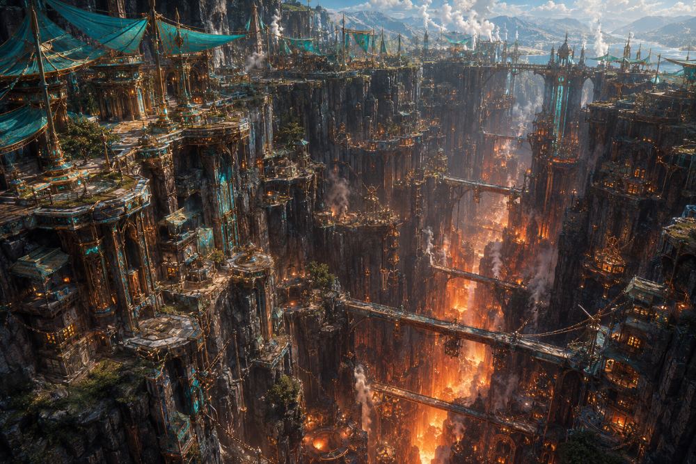 A Scarred Dominion rift city: tiered basalt terraces and gold-and-teal canopies stepping down a chasm lit from below by forge fire, iron bridges spanning the gap.