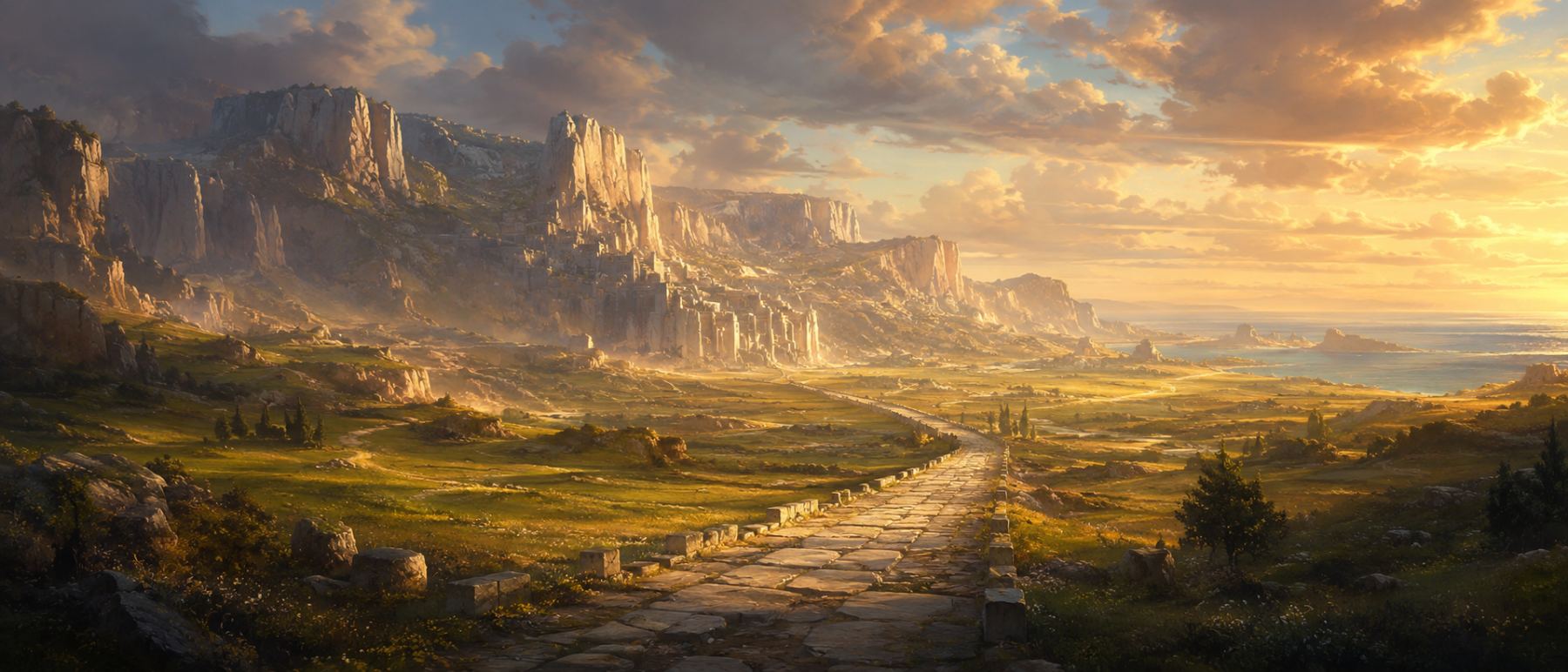 A paved road crossing a golden valley toward pale cliff cities, the sea on the far horizon at sunset.