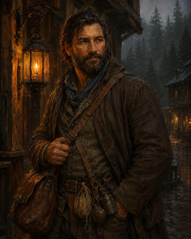 A Concord Human trader in road-worn leather beside a lantern on a rain-wet timber street at dusk.