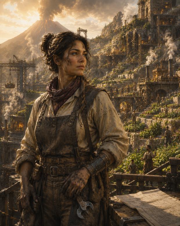 A Dominion Human engineer-forewoman in work leathers above a terraced volcanic settlement of scaffolding and steaming vents.