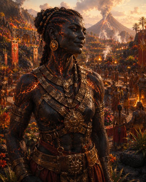 A Kaldreth elder with obsidian skin and ember-lit cracks in gold ceremonial harness, above a volcanic upland of banners and heat vents.