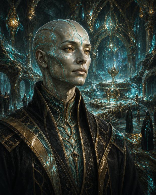 A Kovar with pale metallic skin and cyan seams in gold-trimmed robes, in a luminous subterranean hall of resonance light.