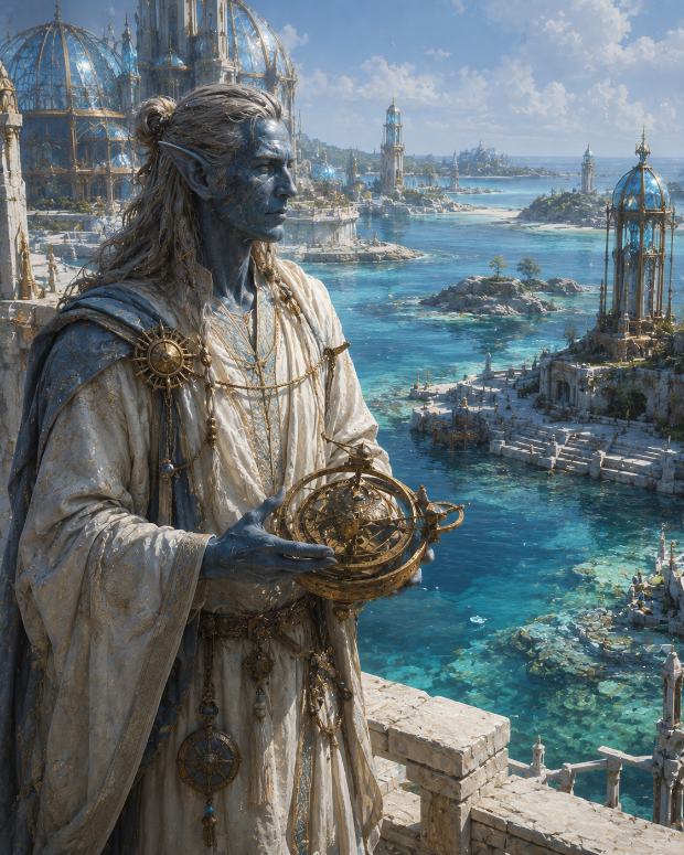 A blue-skinned Solmara scholar holding a brass armillary instrument above a turquoise lagoon city of glass domes.