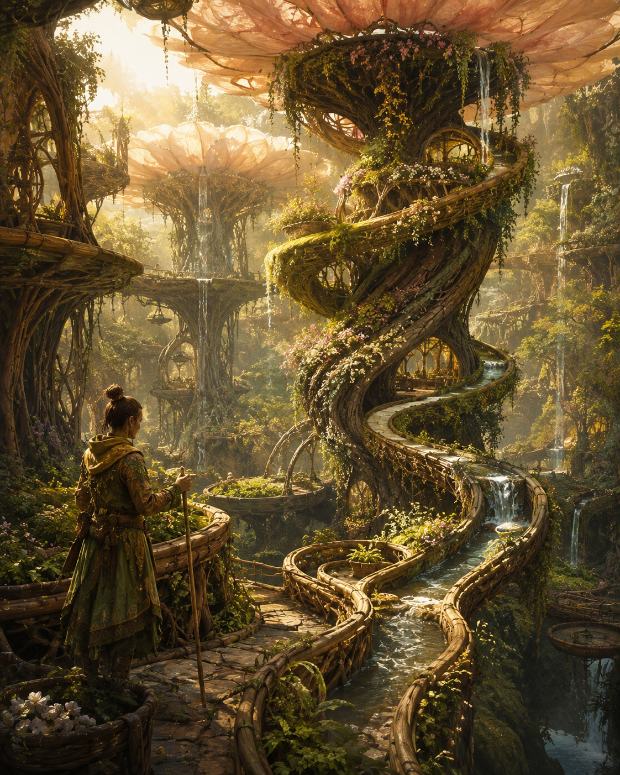 A Thaeli steward on a woven walkway among grown spiral homes, flower canopies and channelled water.