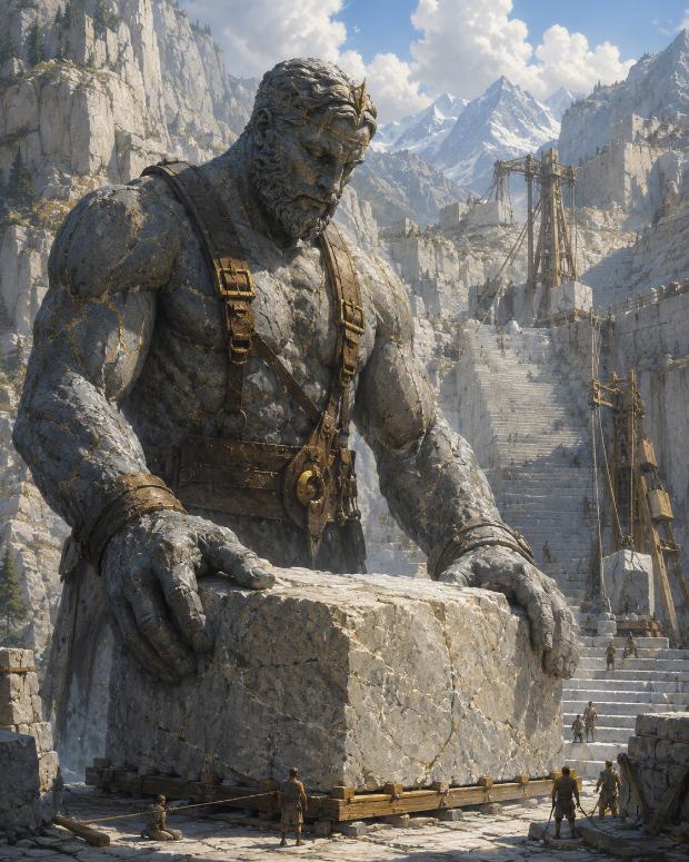 A colossal Voren stone-wright with granite skin and brass harness setting a dressed block on a mountain quarry terrace.