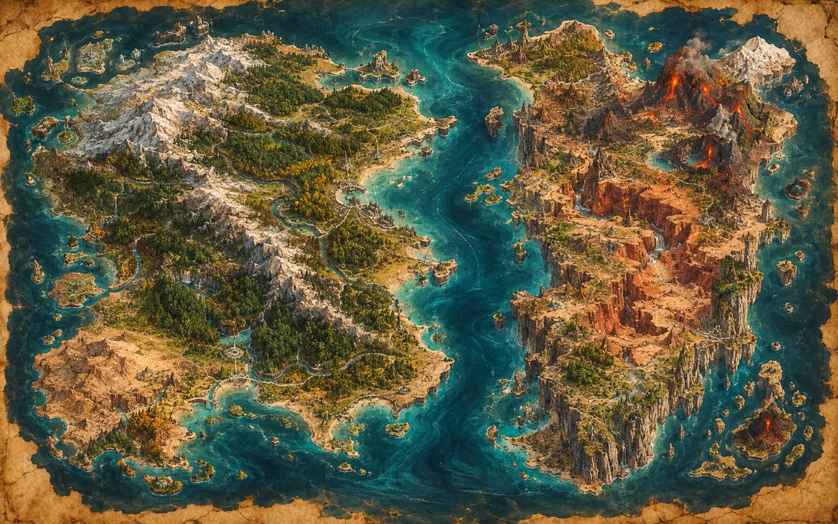 A painted map of Dorenvar on aged vellum: the forested, snow-capped continent of Aurethain to the west and the fractured, volcanic continent of Varkesh to the east, divided by the deep channel of the Sundersea.